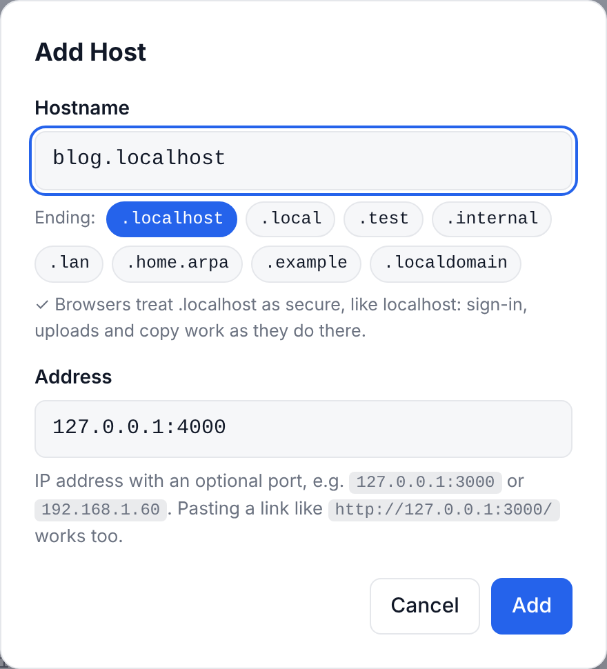 The Add Host dialog: the name blog with the .localhost ending selected among .localhost, .local, .test, .internal, .lan, .home.arpa, .example and .localdomain, a note that browsers treat .localhost as secure, and the address 127.0.0.1:4000.