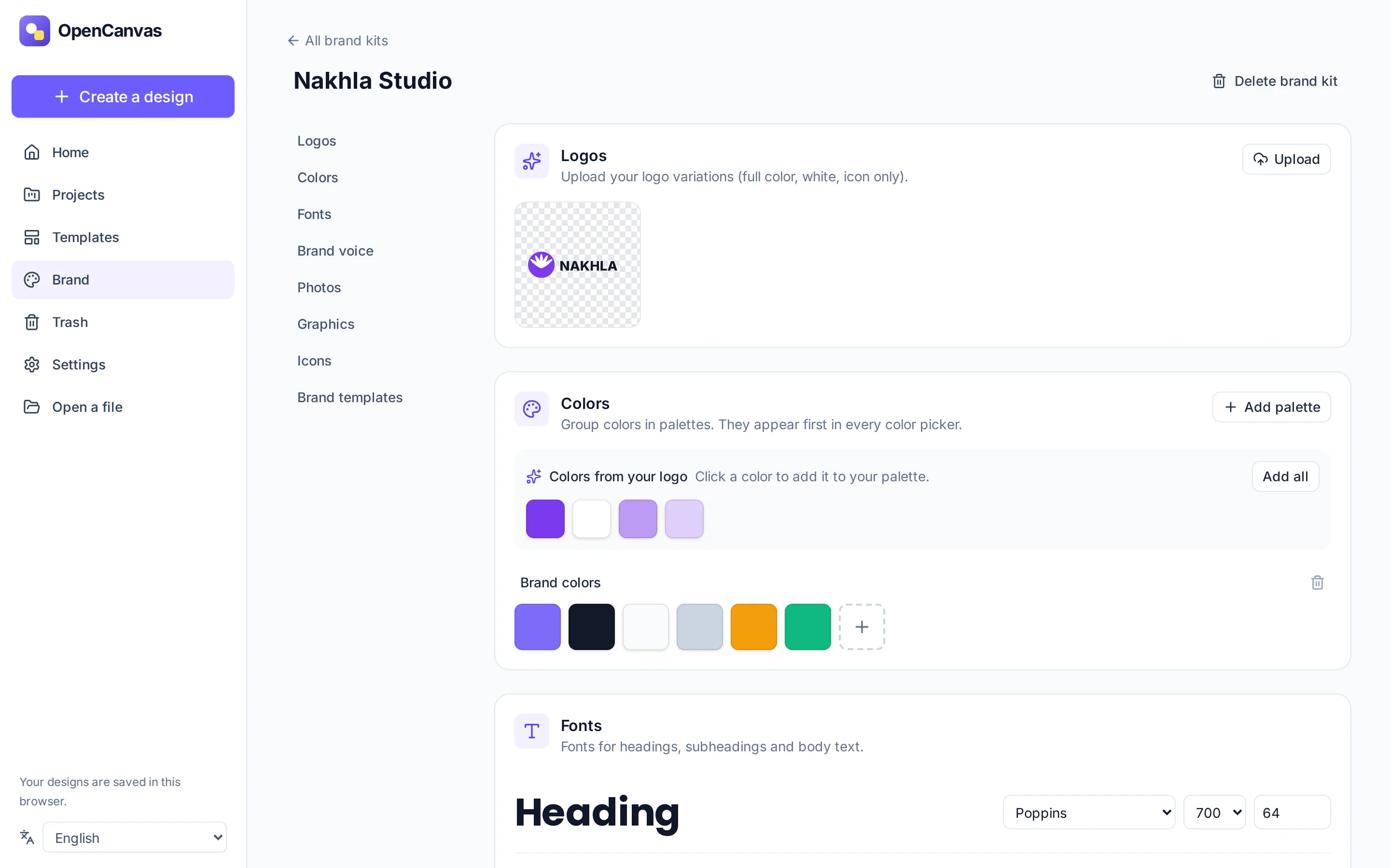 A brand kit page with a logo, colors from the logo and brand colors