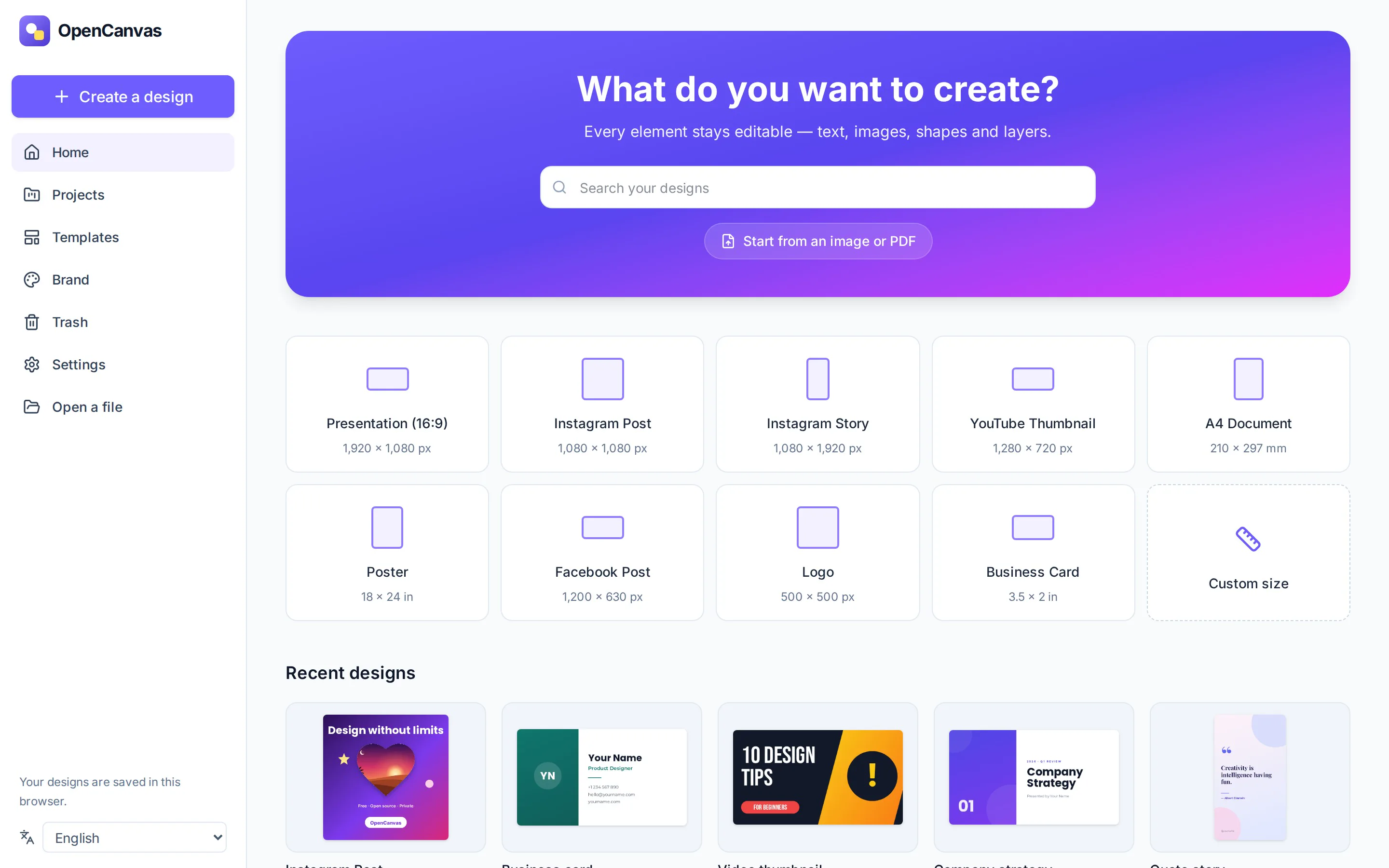 The OpenCanvas home screen with recent designs and the Create a design button