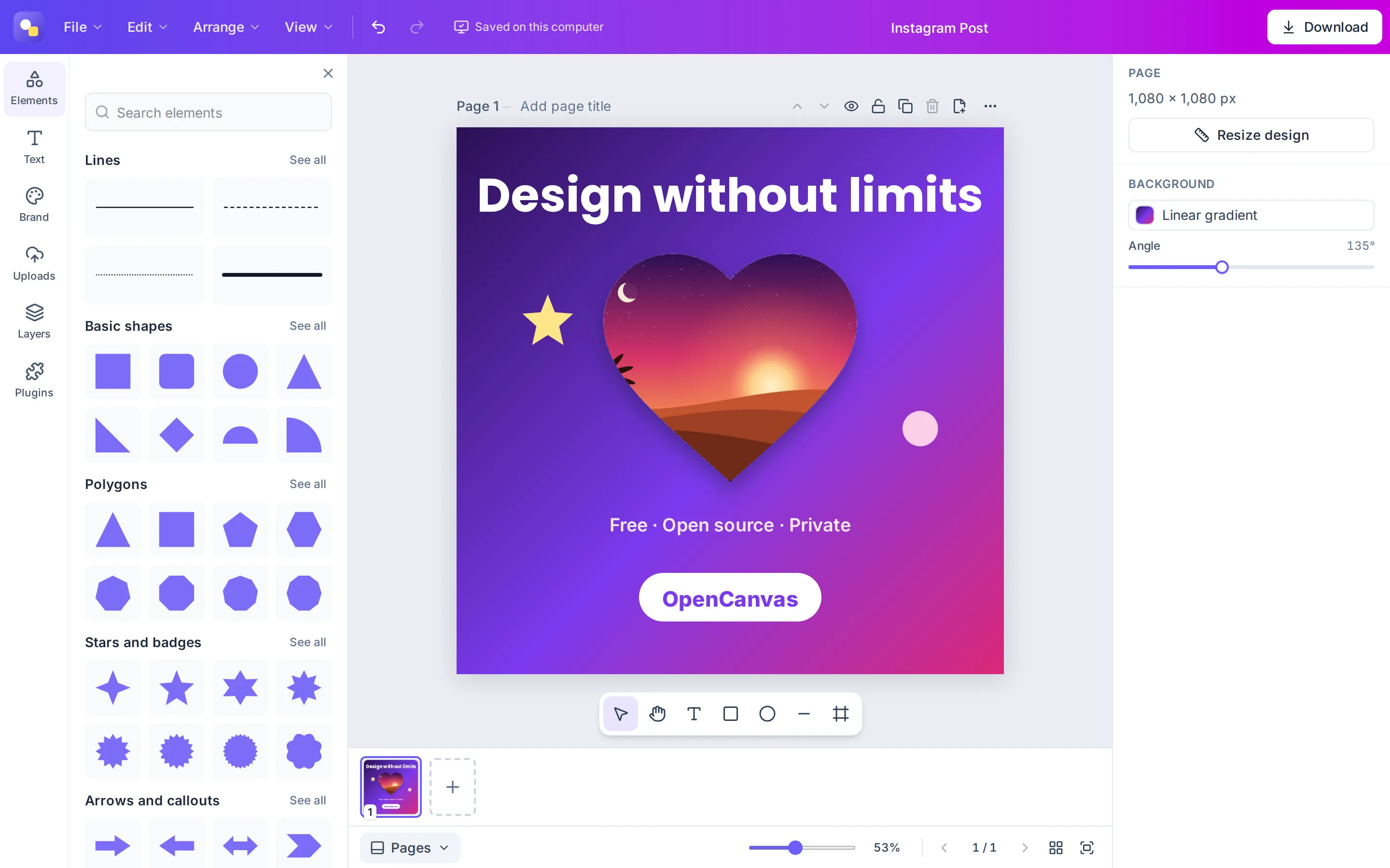 The OpenCanvas editor with a poster: a desert sunset in a heart frame