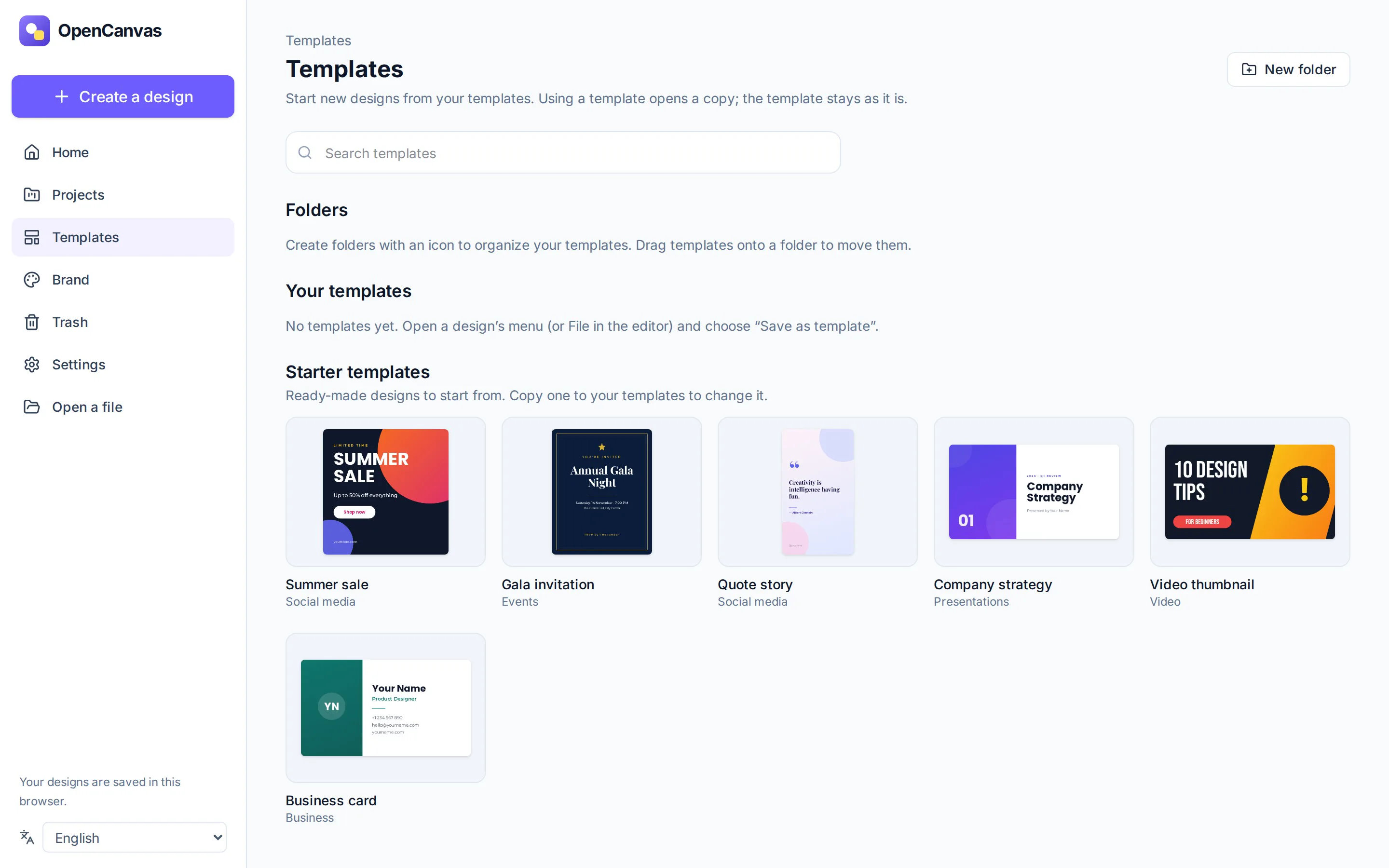 The Templates page with template folders and starter templates